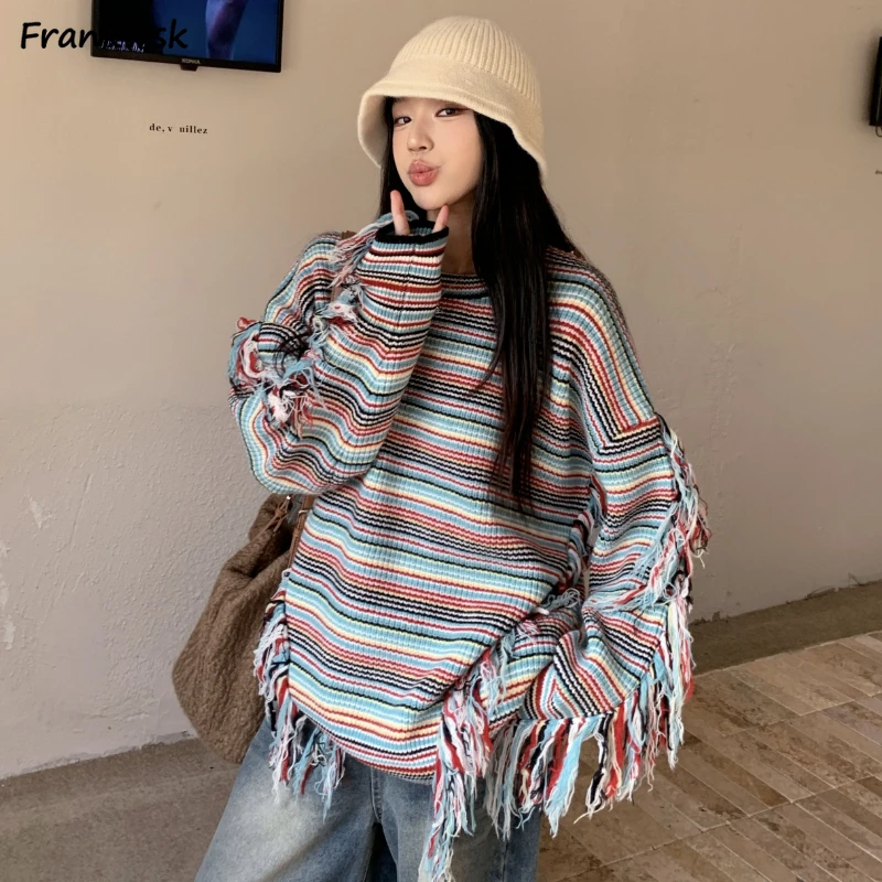 Baggy Striped Pullovers Women Sweet Tassel Vintage Sweaters Winter Warm Students Casual Soft College All-match Korean Fashion