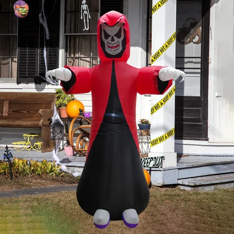 Halloween Ghost Festival Party Prop Outdoor Ornament Decor with Built in LED Light Red Coat Ghost Wearing Hat Inflatable Model