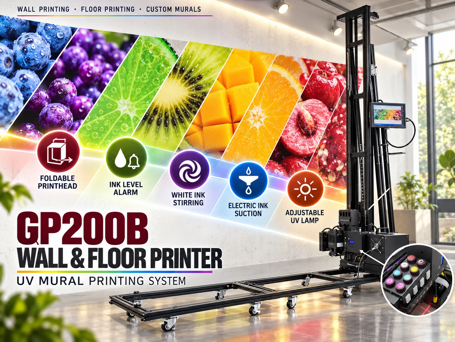 GP200B UV Mural Printer for Wall and Floor Printing with Adjustable UV Lamp