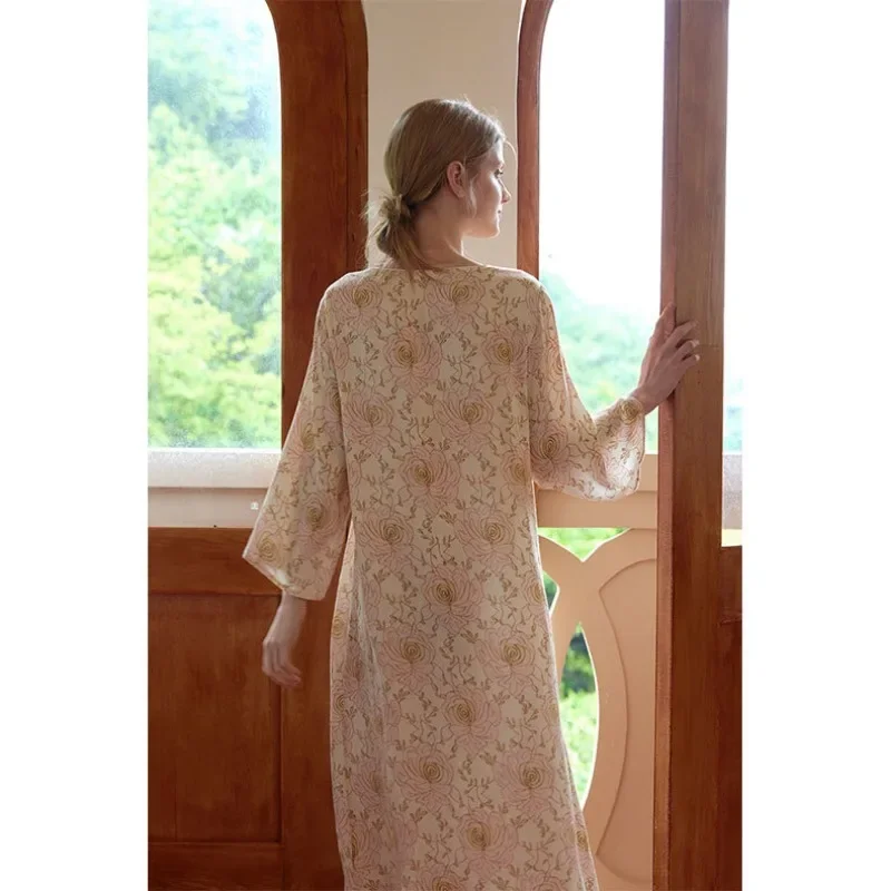 فستان نوم مطبوع عليه زهور على الطراز الصيني، فستان نوم أنيق بأكمام طويلة من الساتان، ملابس نوم مريحة للنساء