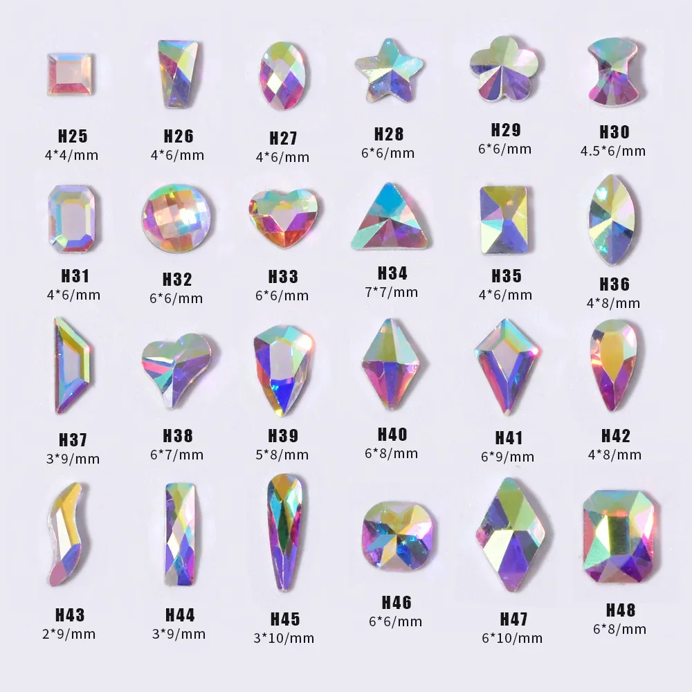 50Pcs Flat Back Nail Rhinestones,Trapezoid AB Iridescent Water Drop & Melon Seed Multi-cut Clear Special Shape Gems
