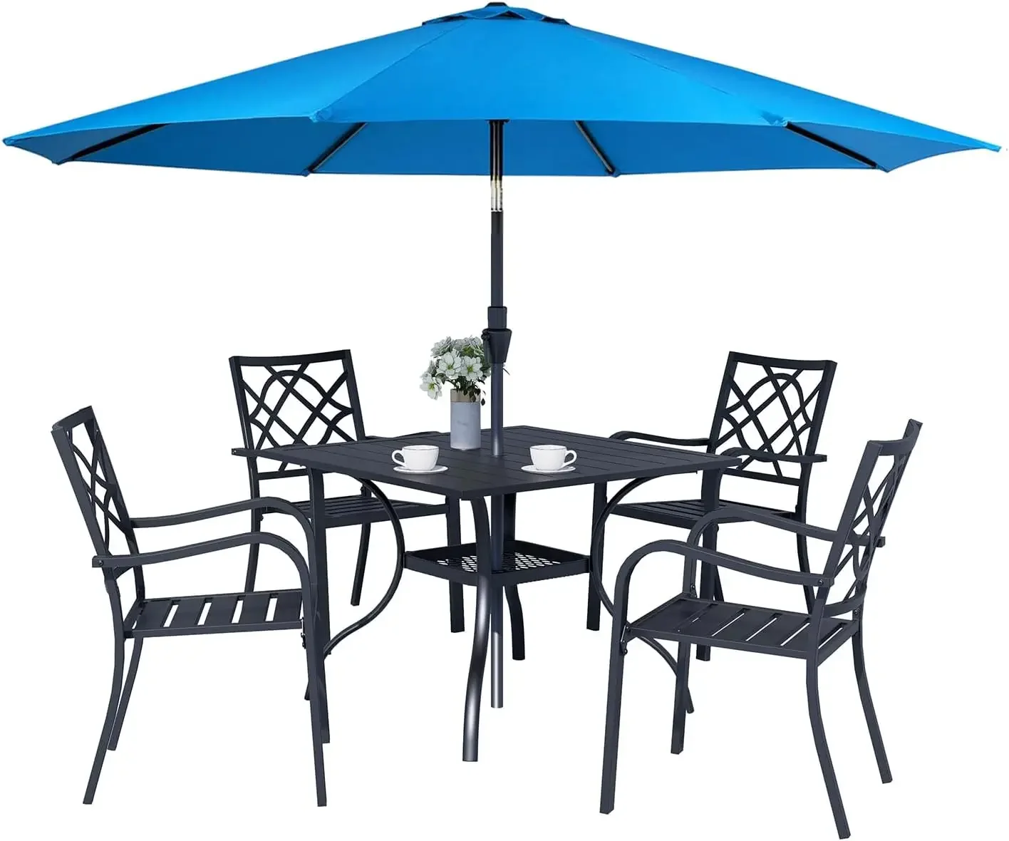 5-Piece Patio Dining Set with Sky Blue Umbrella, Outdoor Metal Furniture Dining Table Set, 4 Stackable Patio Dining Chairs