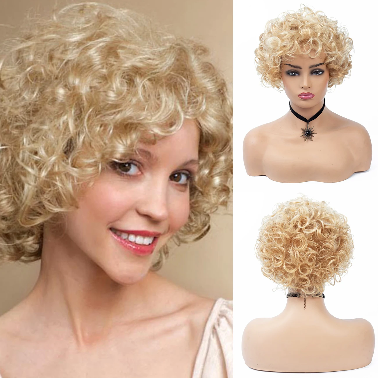 BCHR Short Curly Synthetic Wigs Golden Party Hair for White Women Blonde Mixed Colors High Temperature Fiber