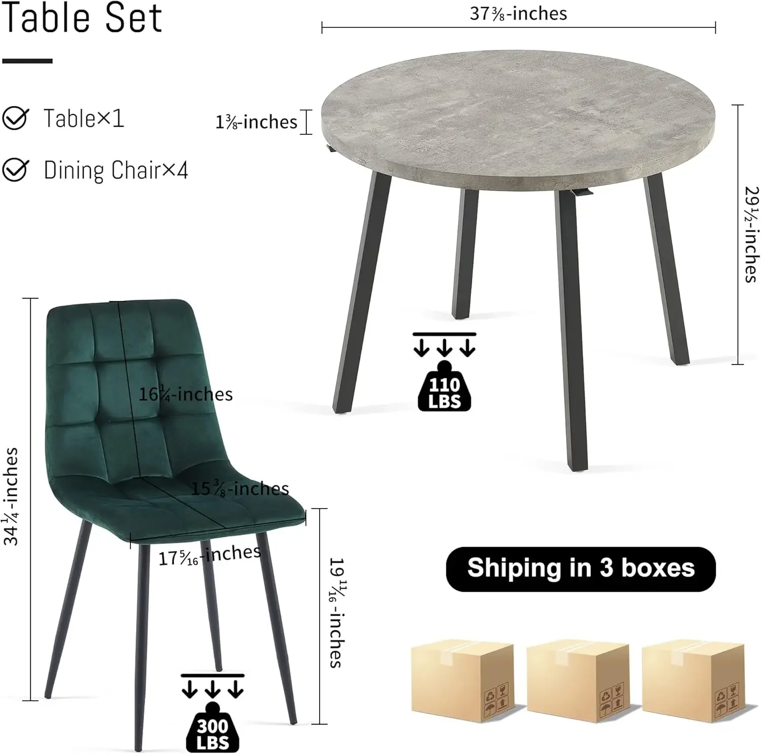 NORDICANA 5 Pieces Industrial 37 Inch Grey Engineered Wood Round Dining Table Set, Kitchen Table and Chairs for 4 Person, Space