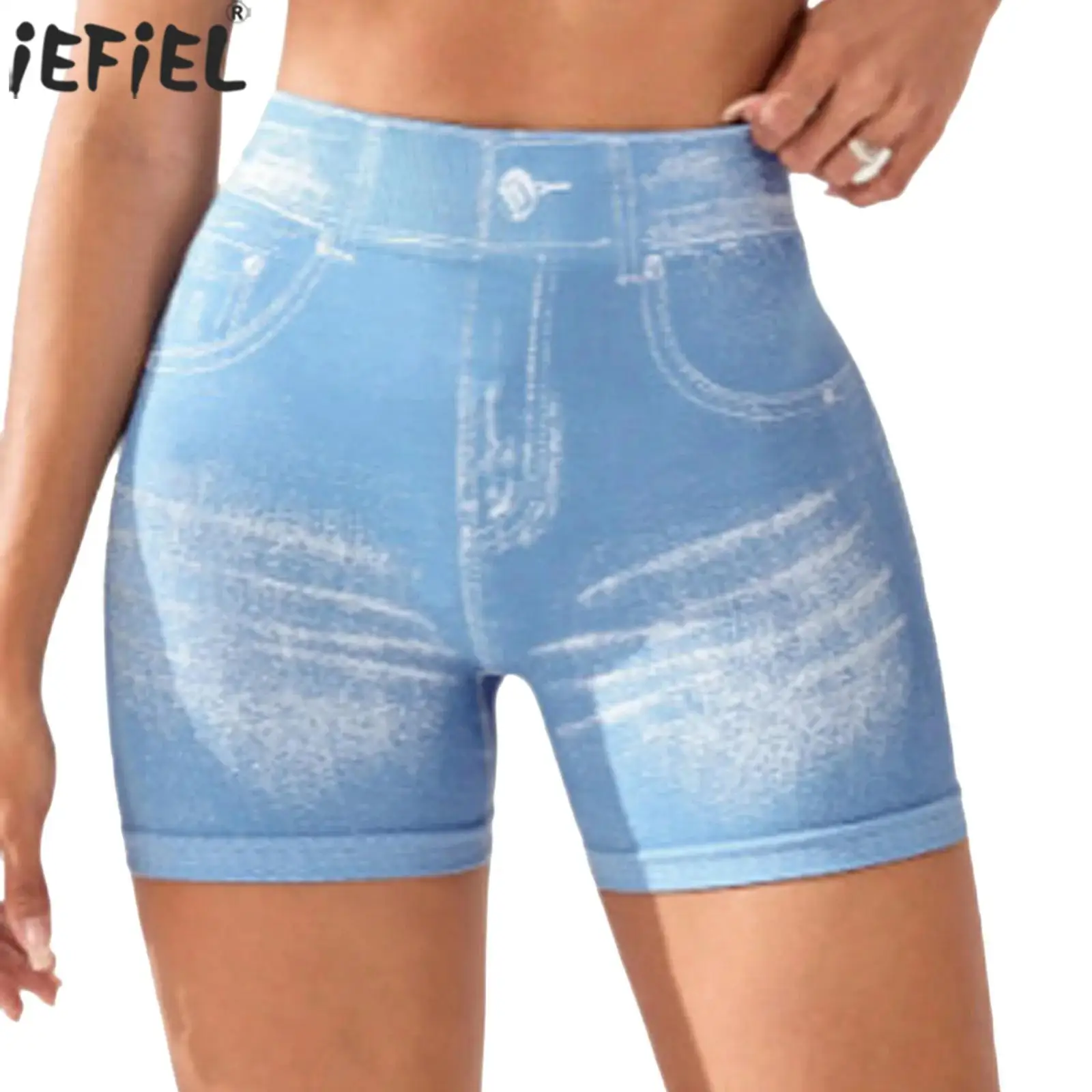 Pantaloncini da yoga elasticizzati senza cuciture stampati in denim da donna Cintura elastica Pantaloncini posteriori con volant alla moda per pantaloncini da ciclismo sportivi da corsa