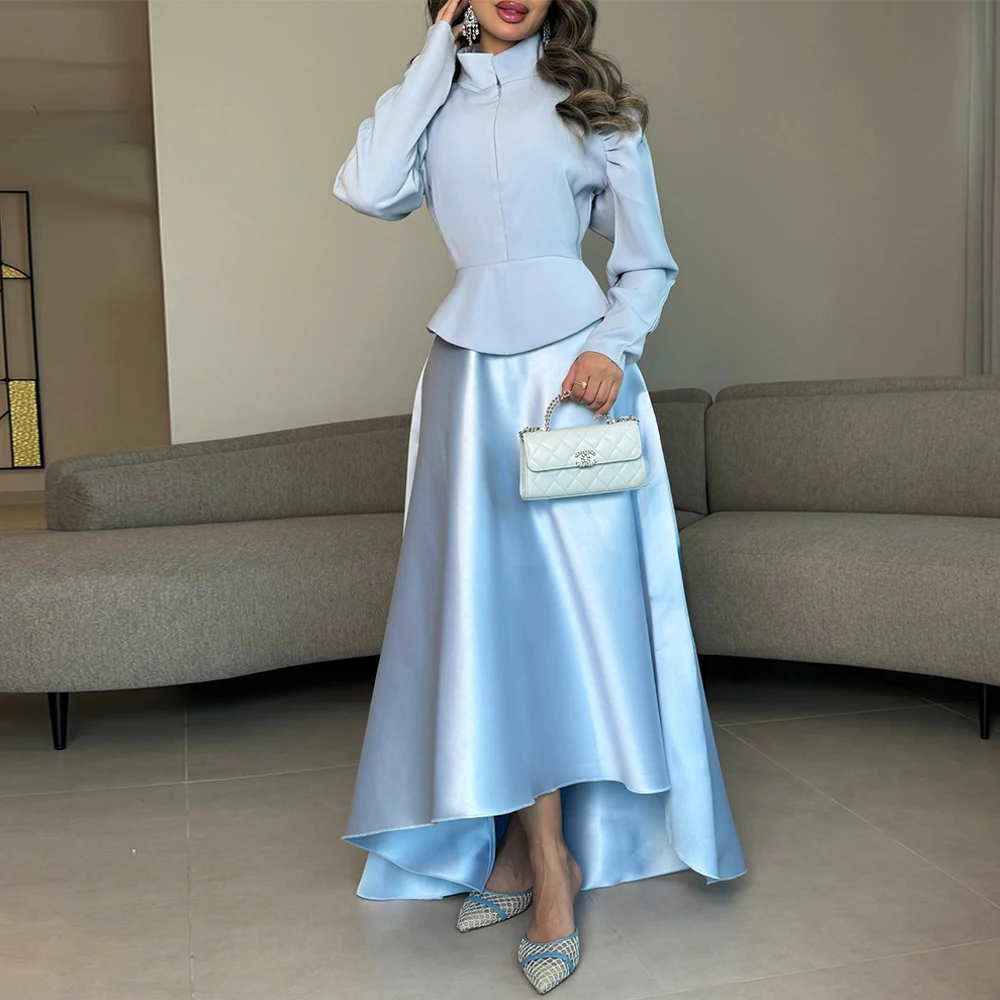 

Elegant High Collar Satin Evening Dress Classic Long Sleeves Prom Dresses Delicate Sweep Train Customized Bespoke Occasion Gowns
