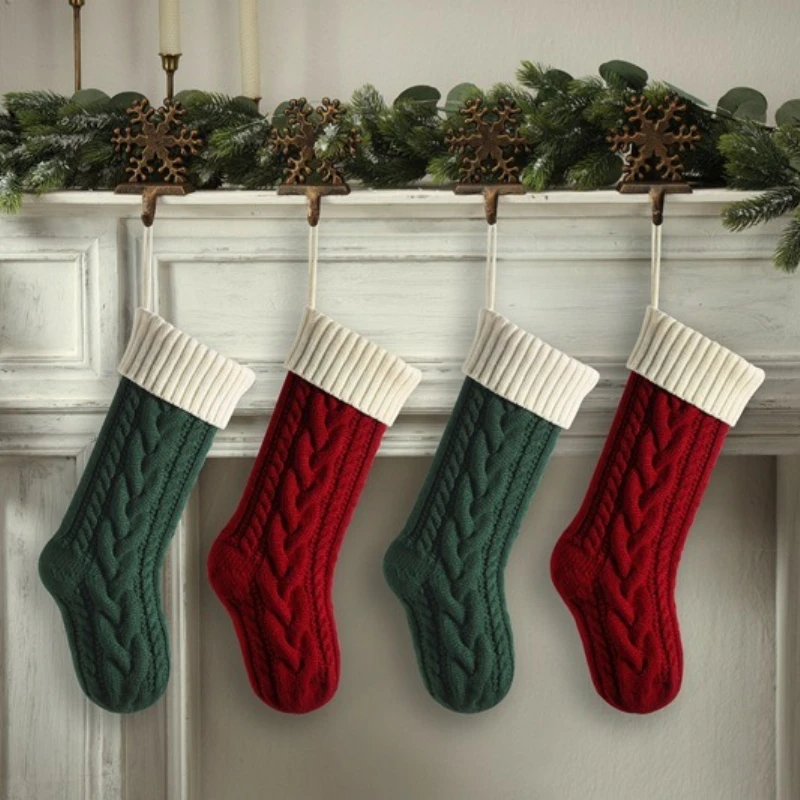 Christmas Knitted Stocking Large 46cm Hanging Rope Multi Color Decor Candy Gift Pendant Winter Holiday Hanging Stockings