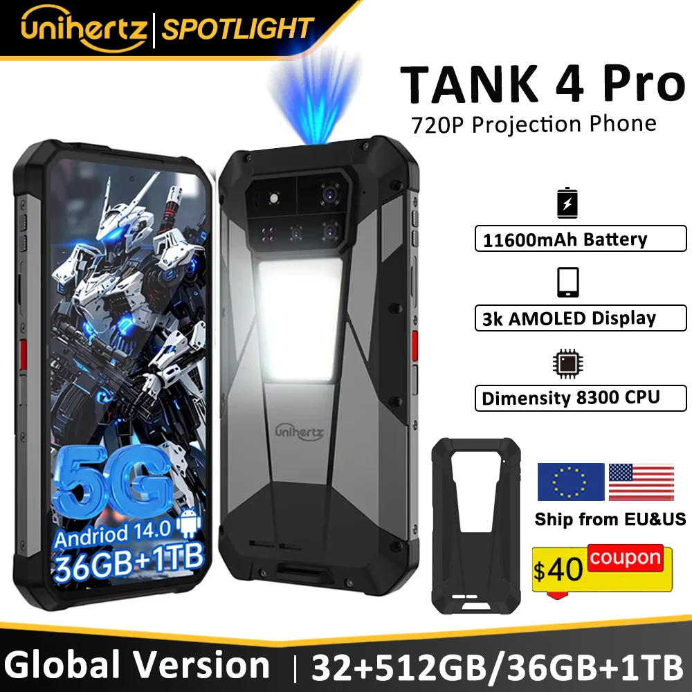 Unihertz by 8849 Tank 4 pro 5G AI Rugged Phone Built-in 720P Projector Dimensity 8300 512GB/1TB ROM 3k AMOLED 11600mAh IP68/IP69