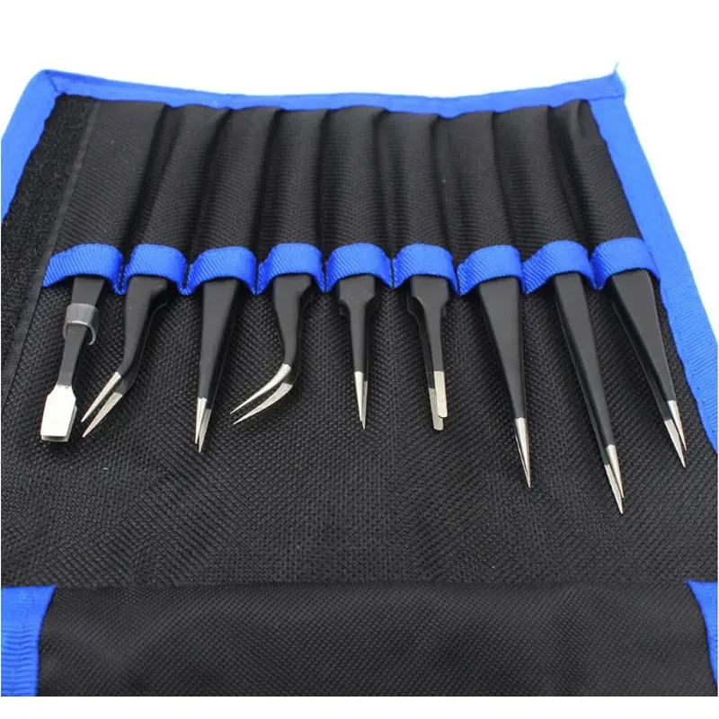 

9pcs Anti-static ESD Stainless Steel Precision Tweezers Set Kit Maintenance Tools for Electronics Craft Jewelry Phone Repairing