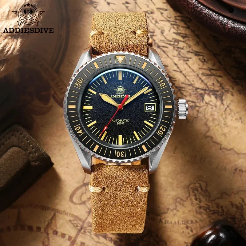 ADDIESDIVE AD2105 Men Diver Automatic Watch Luxury 200m Waterproof Luminous Mechanical Wristwatch Business Leather Retro Watches