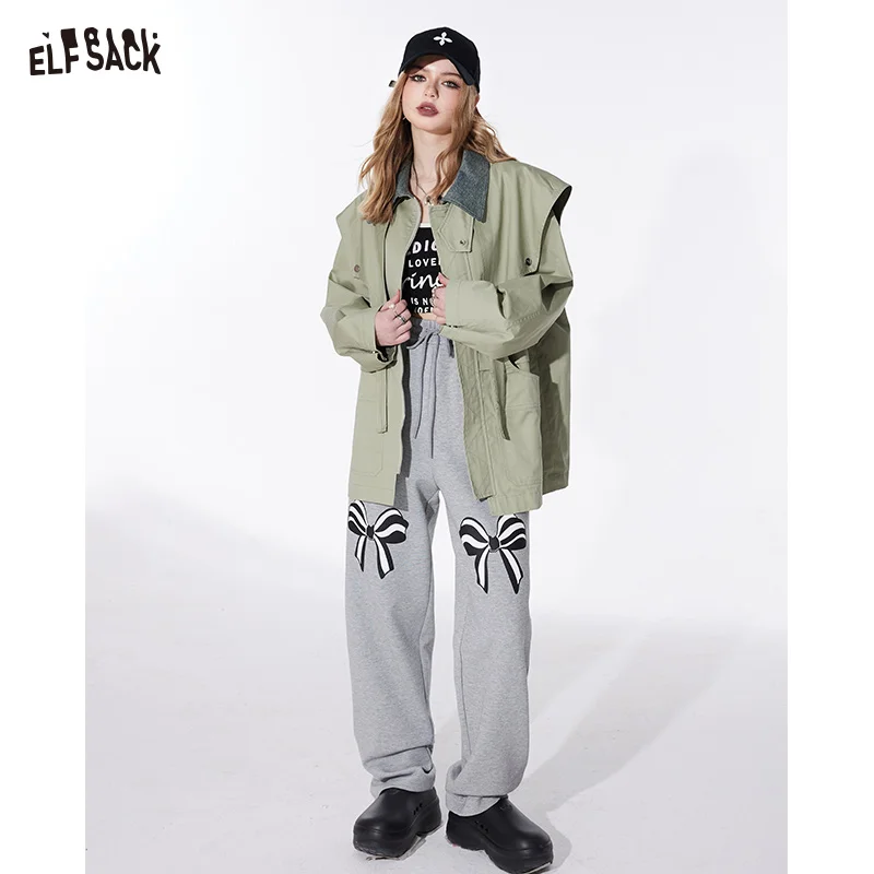 ELFSACK simple academic style casual coat workwear style for women 2024 spring new office style zipper cotton windbreak solid co