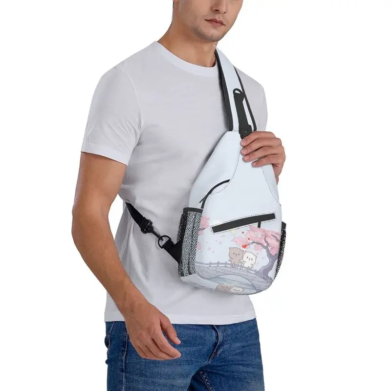 Mochila cruzada informal para hombre, y pecho bolso de hombro para senderismo, Gato Mochi, melocotón y Goma, romántico