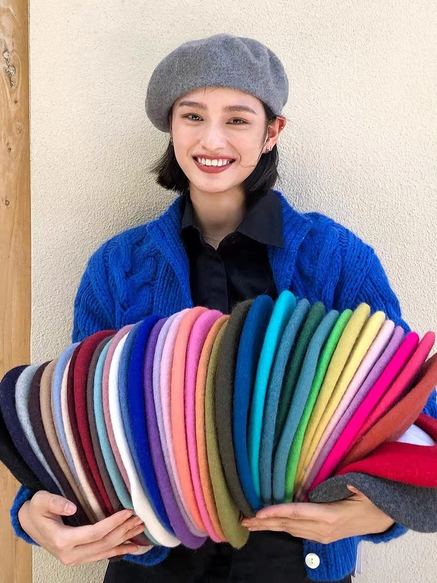 

2023 New Candy Color Women's Wool Beret Warm in Autumn and Winter Beret Elegant Women's All Autumn Hat бере