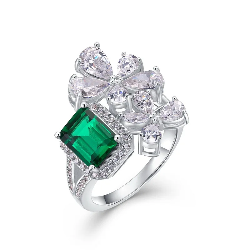 New Petal Colorful Treasure Ring S925 Silver Inlaid Cultivated Emerald Vintage Finger Ring with Atmosphere