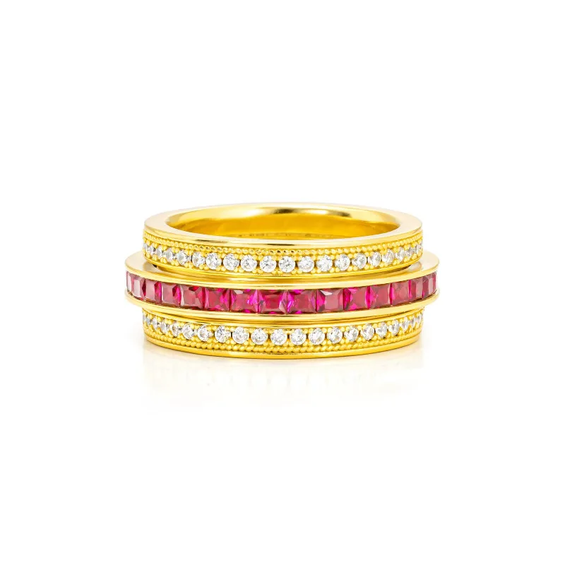 

14K Gold Eternity Lab Ruby Diamond Ring 925 Sterling Silver Party Wedding Band Rings for Women Bridal Engagement Jewelry