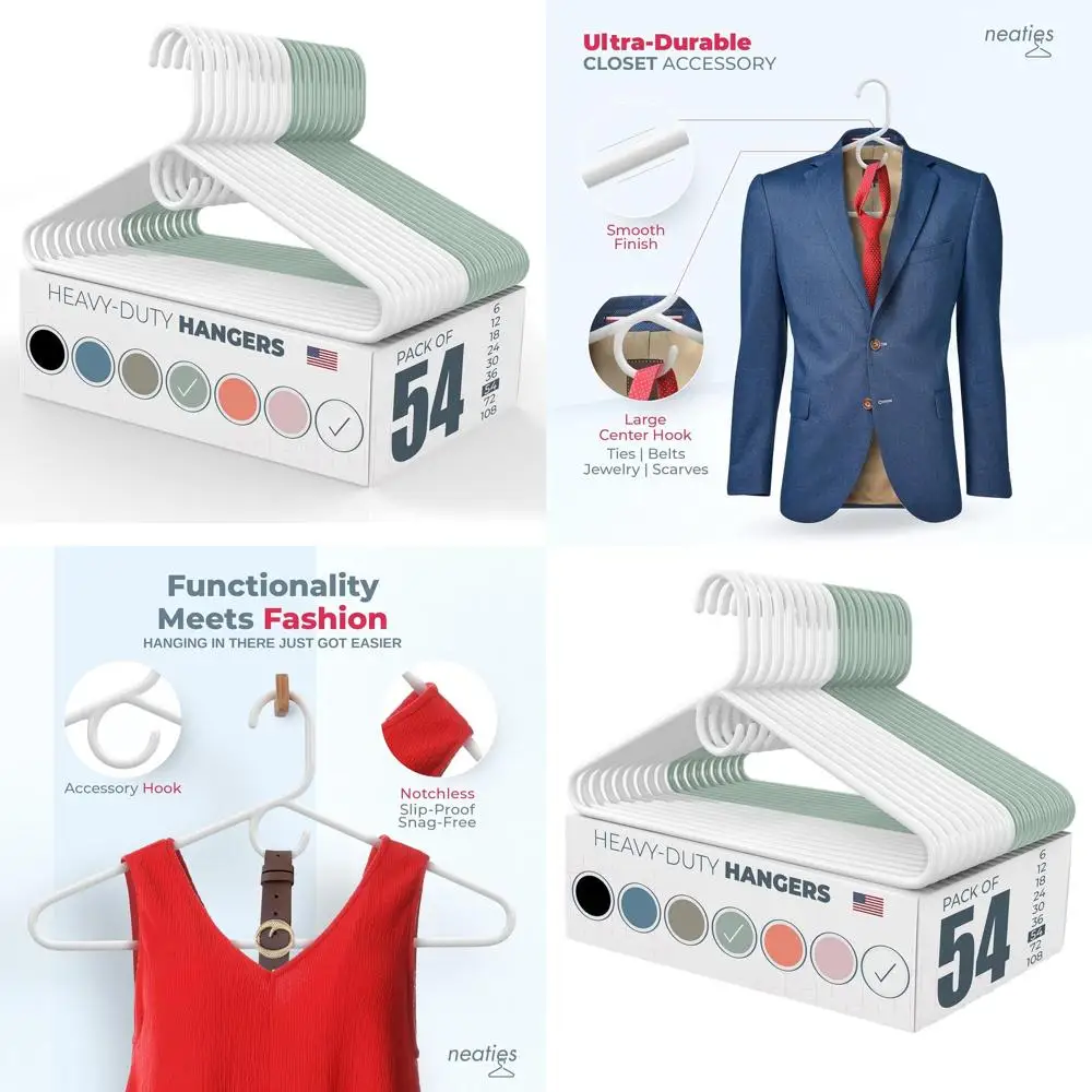 

50-Pack Heavy Duty Plastic Hangers for Adult Clothing, Holds Up to 8lbs, White & Mint, Made in USA