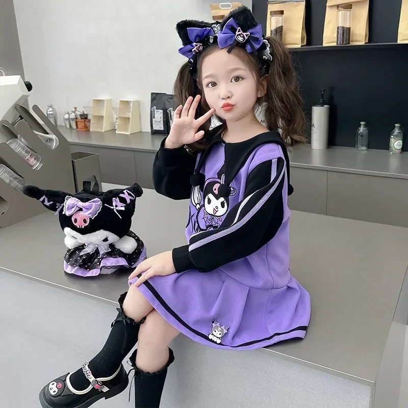 

Spring Autumn Kawaii Sanrio Anime Long Sleeve Hooded Dress Cute Cartoon Kuromi Shirt Princess Clothing Lovely Gifts for Kids
