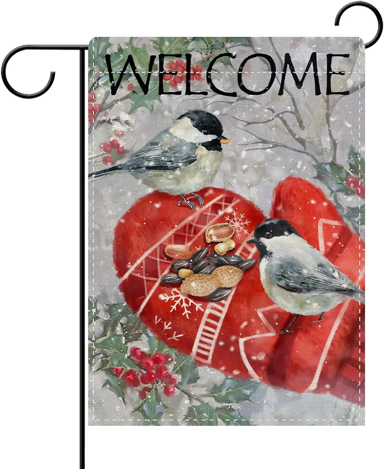 Dyrenson Welcome Winter Chickadee Mitten Decorative Garden Flag, Snowy Birds Holly Berries Nuts Yard Outside Home Decoration EEZ