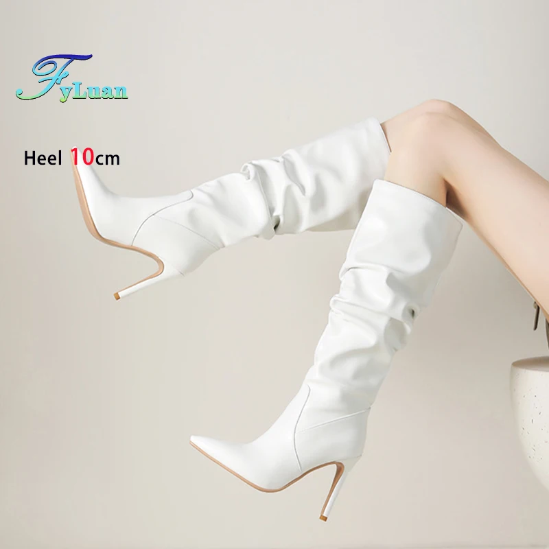 

Женские высокие сапоги до колена на шпильке 10 см, весенне-осенняя женская обувь, зимние модные белые кожаные сапоги больших размеров с острым носком