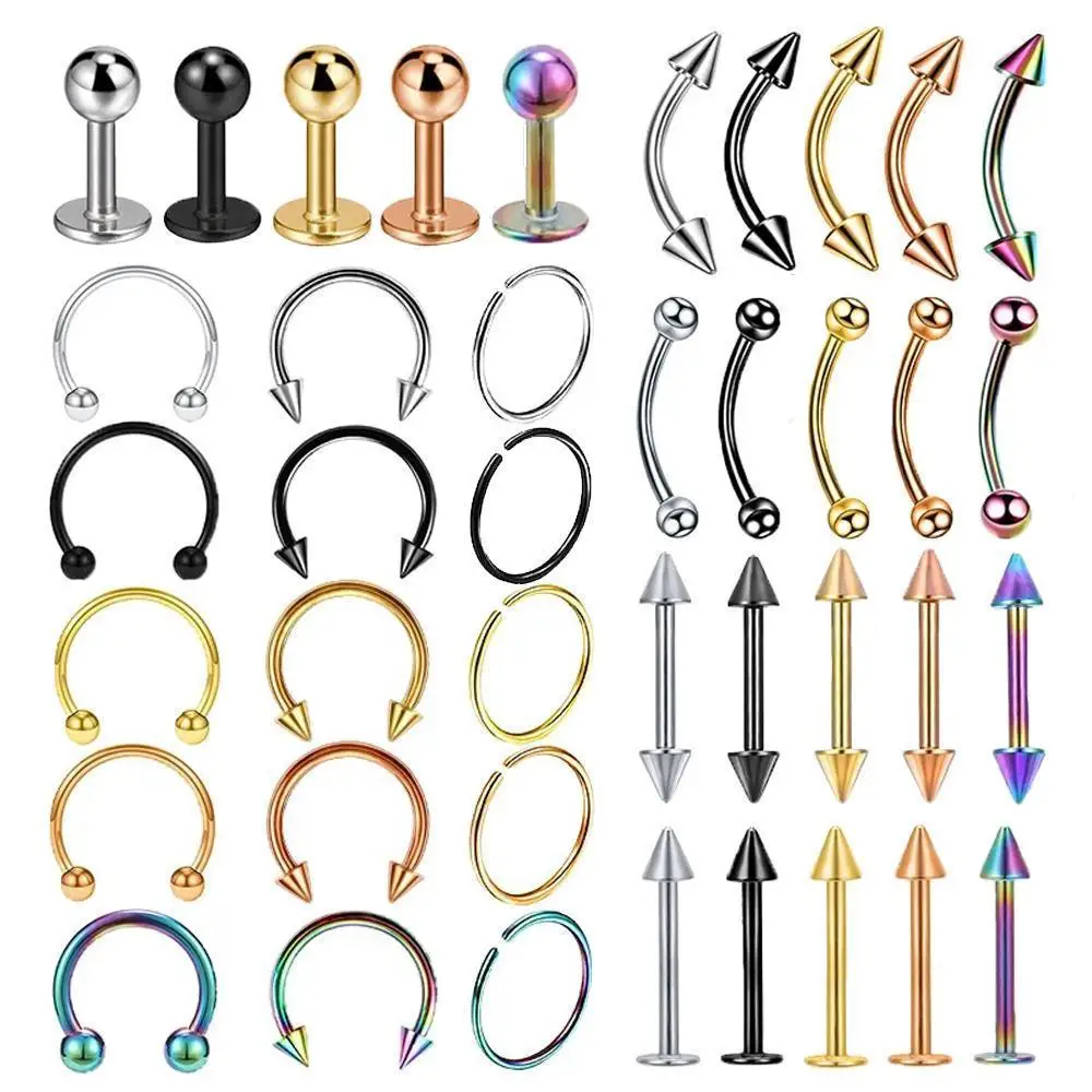 5Pcs/40Pcs Surgical Steel Body Piercing Jewelry Bulk Nose Ring Tongue Bar Eyebrow Piercing Set Horseshoe Ring For Men and Women