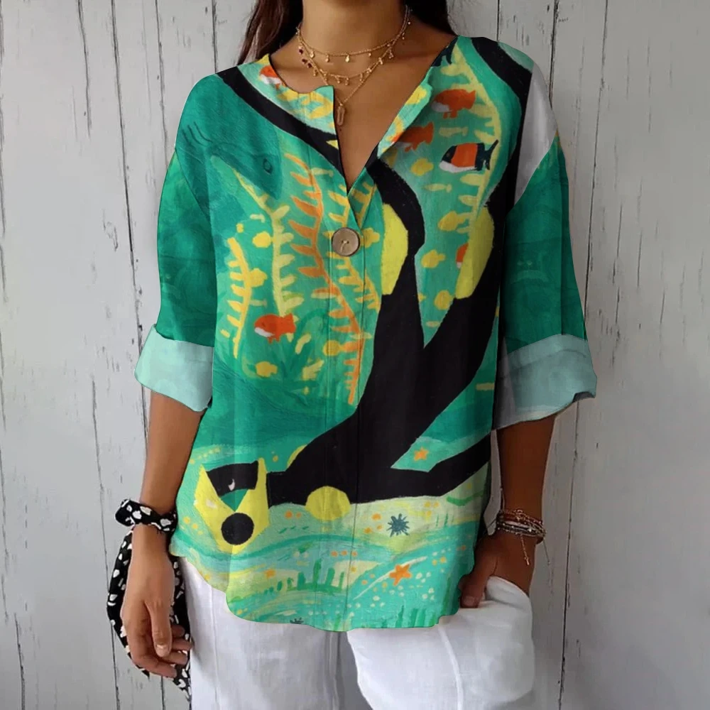 

Women's Casual Small Fish Printed Underwater Animals & Plants Shirt One-Piece Side Buttons Overshirt Spring & Summer Flip Collar