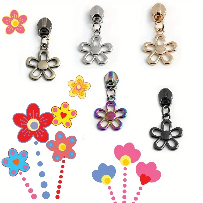 5PCS 40mm 5# nylon tooth hollow flower pendant zipper puller flower shape clothing coat luggage durable metal pull tab slider