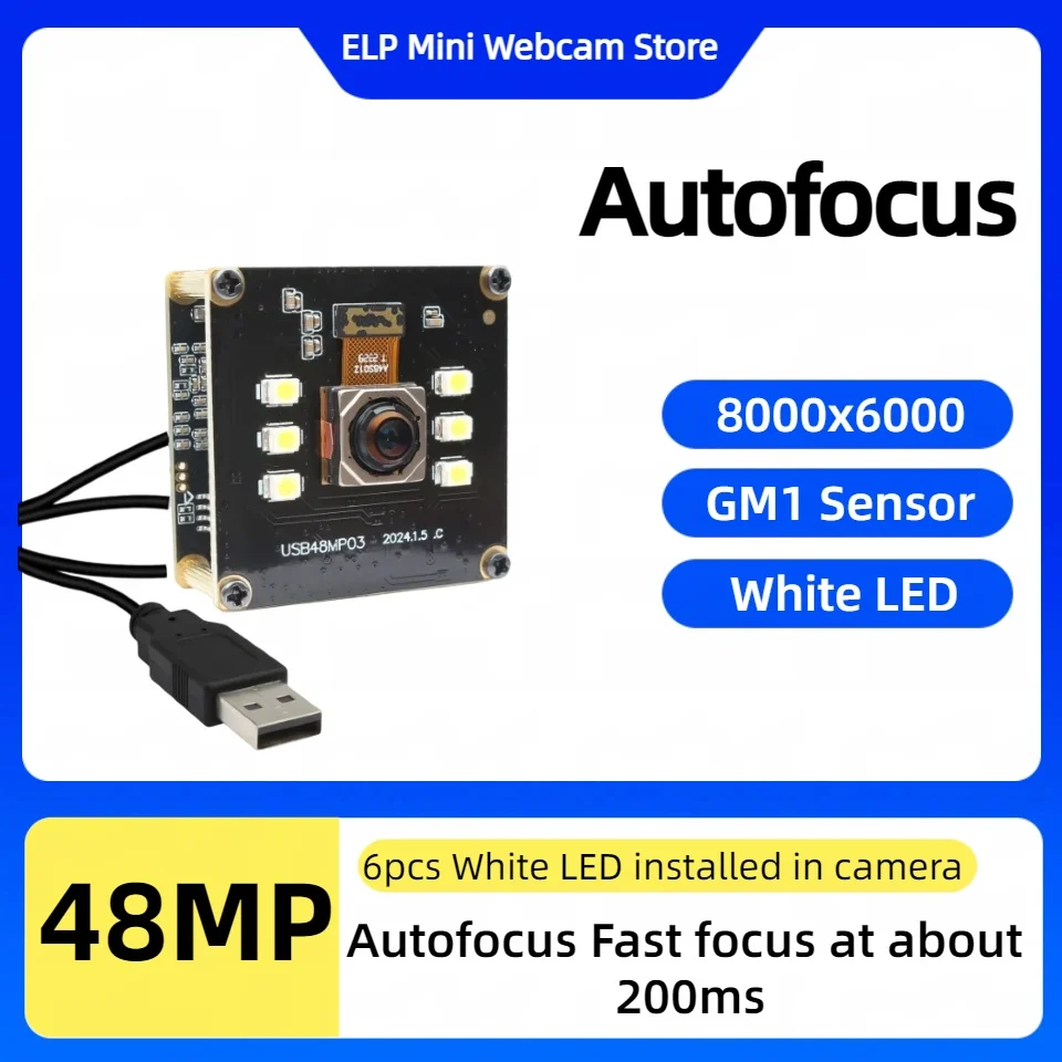 ELP 48MP USB Camera Module, Autofocus Lens, GM1 Sensor, 6000P 30fps, 70degree, Mini Webcam with 6pcs White LED for Night Vision