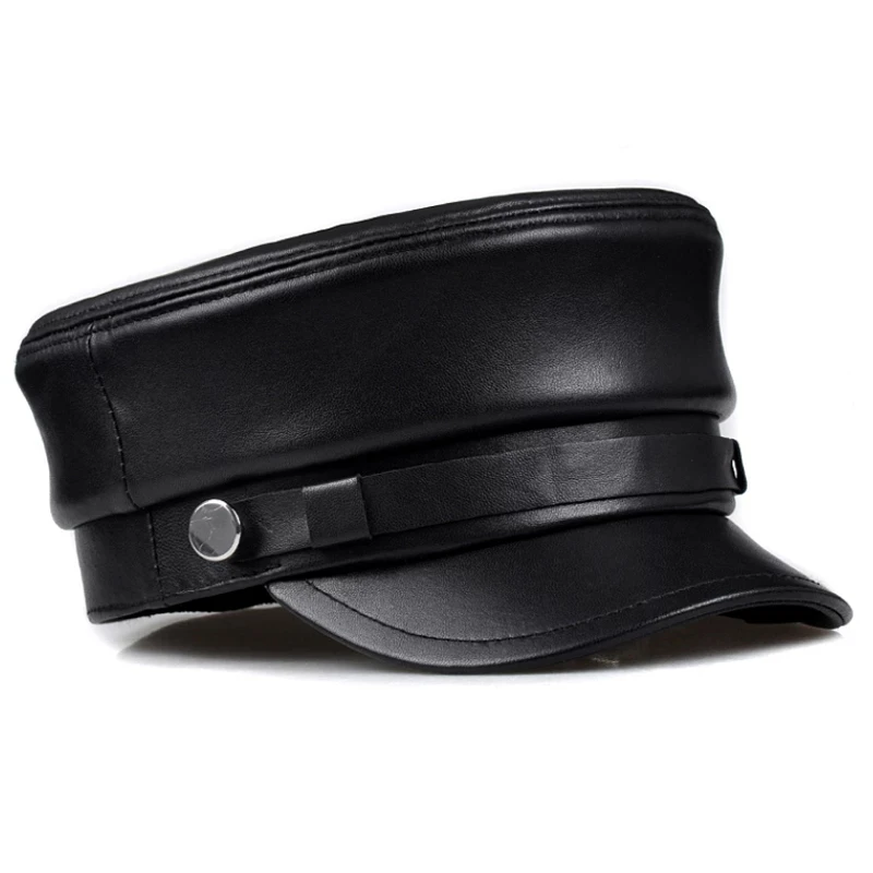 Fashion 2024 Unisex Soft Genuine Leather Hat Women Men Winter Black Patchwork Casual Sailor Cap Student Military Caps