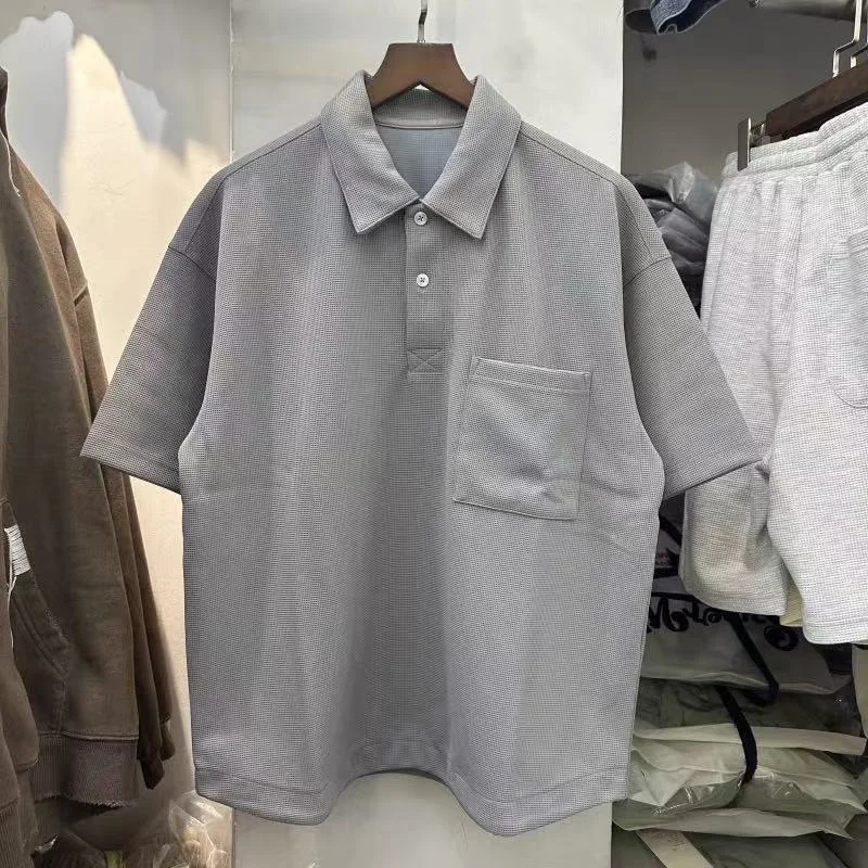 2026 Spring Summer Solid Color Pocket Oversized Polo T-Shirt Black Apricot Dark Gray Men Women Premium Quality Casual Tee