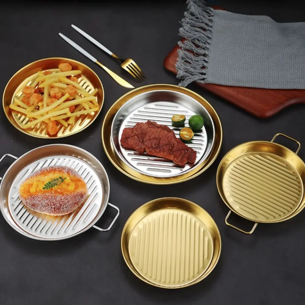 

Stainless Steel Pizza Pan Gold/Silver Binaural Handle Fried Chicken Tray Stripe Anti-stick Pattern Stackable Food Serving Plate