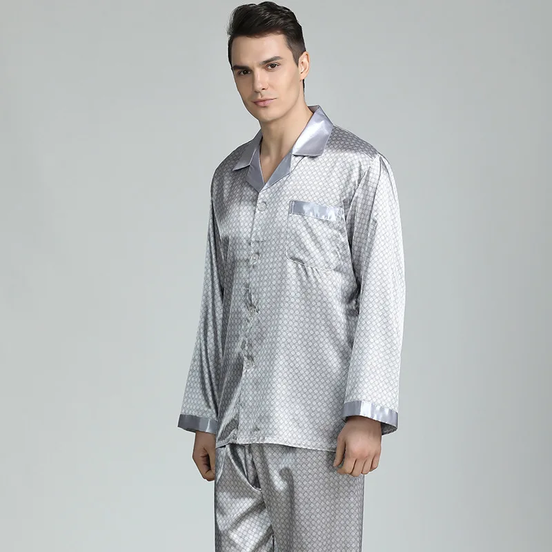 Long Sleeve Shirt&pants Male Satin Print Nightwear Pajamas Set Men's Home Clothes Casual Trousers Suit Spring Summer Loungewear