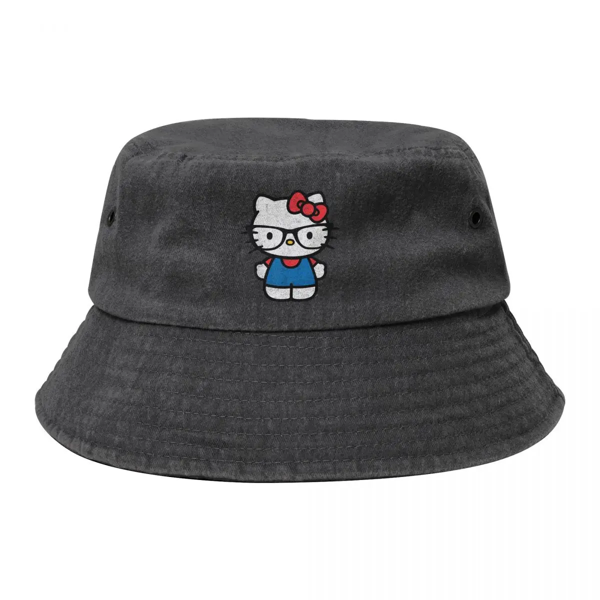 Vocation Getaway Headwear Hello Kitty Distressed Nerd Glasses Cotton Denim Bucket Hat Streetwear Unisex Fisherman Caps