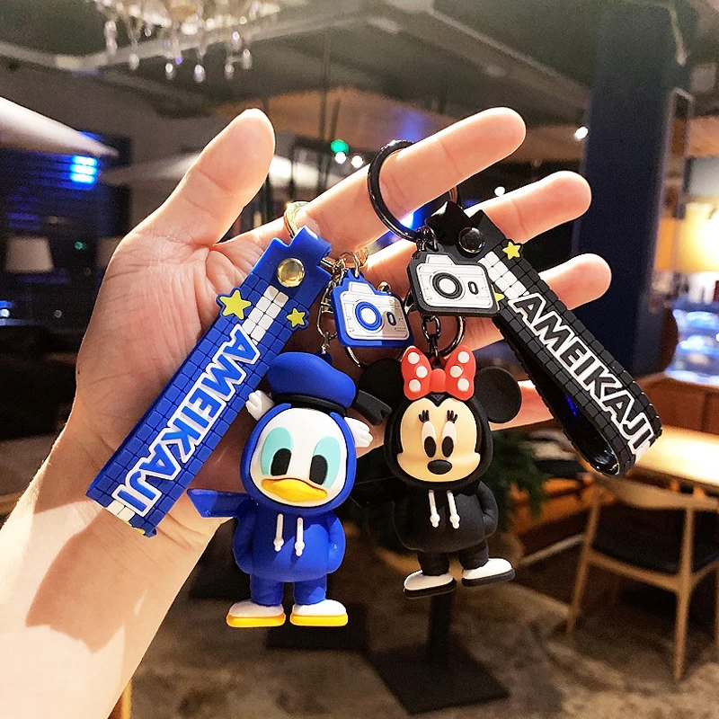 Anime Disney Keychain Cartoon Minnie Mouse Mickey Stitch Cute Doll PVC Keyring Ornament Key Chain Car Pendant Kids Toys Gifts