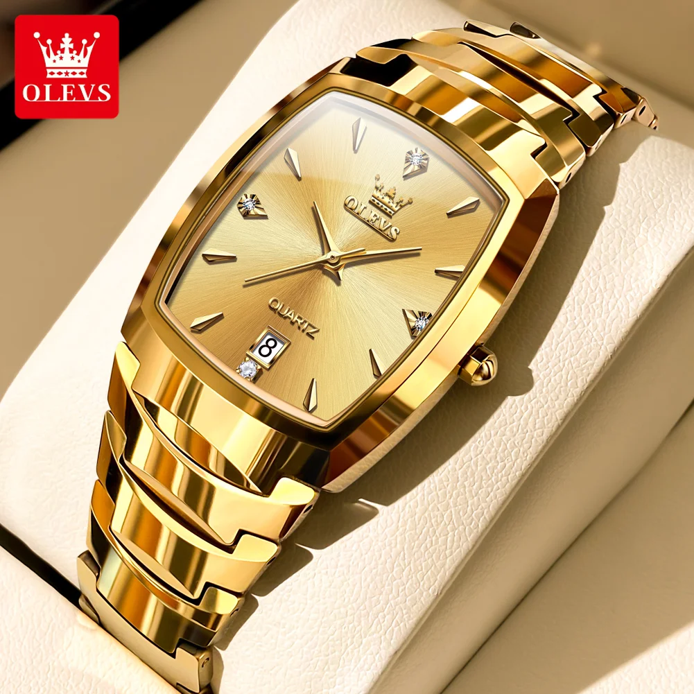 OLEVS Luxury Gold Quartz Watch For Men Fashion Tungsten Steel Strap Waterproof Calendar Tonneau Dial Design Sports Mens Watch