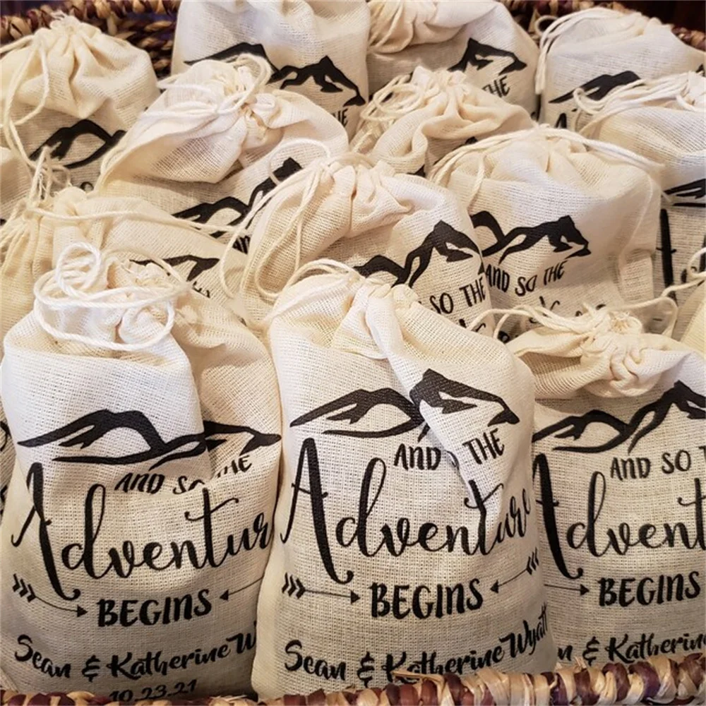 20PCS And So the Adventure Begins Wedding Party Favor Bag. Drawstring Cotton Personalized Custom Engagement Party Favor Bags