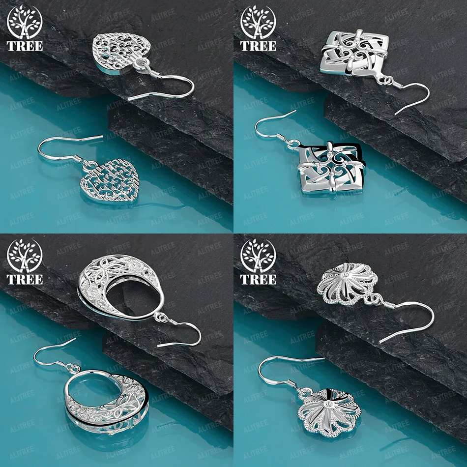

New 925 Sterling Silver Hollow Bag Love Heart Flower Square Drop Earrings Women's Party Birthday Gift Trendy Jewelry Accessories