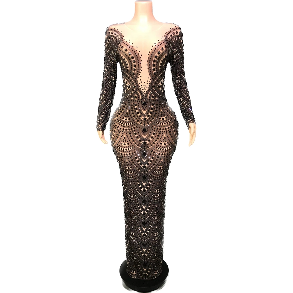 Women Party Evening Prom Birthday Long Dress Sparkly Rhinestones Sexy Mesh See Through Photo Shoot Performance Costume Show Wear