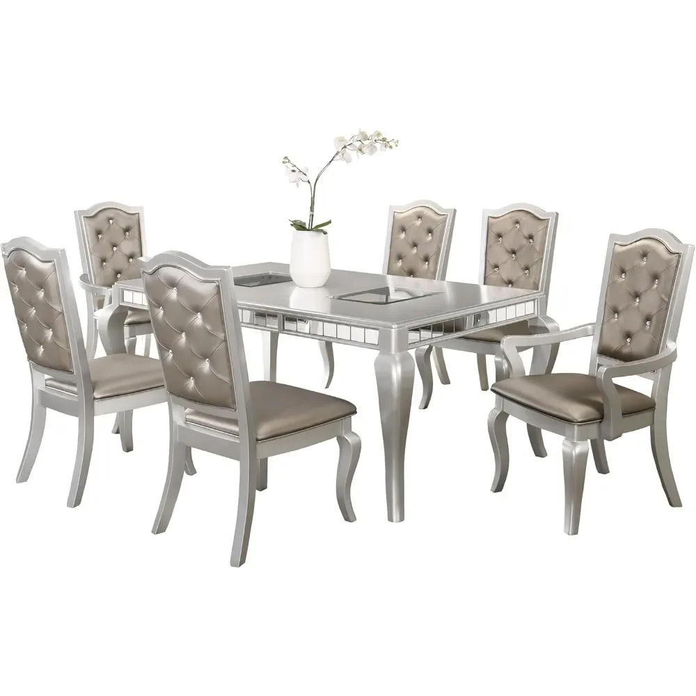 Dining Table Set for 6, Silver Mirror Trim Rectangular Dining Table with Button Chair in Champagne,Luxurious Funiture Set