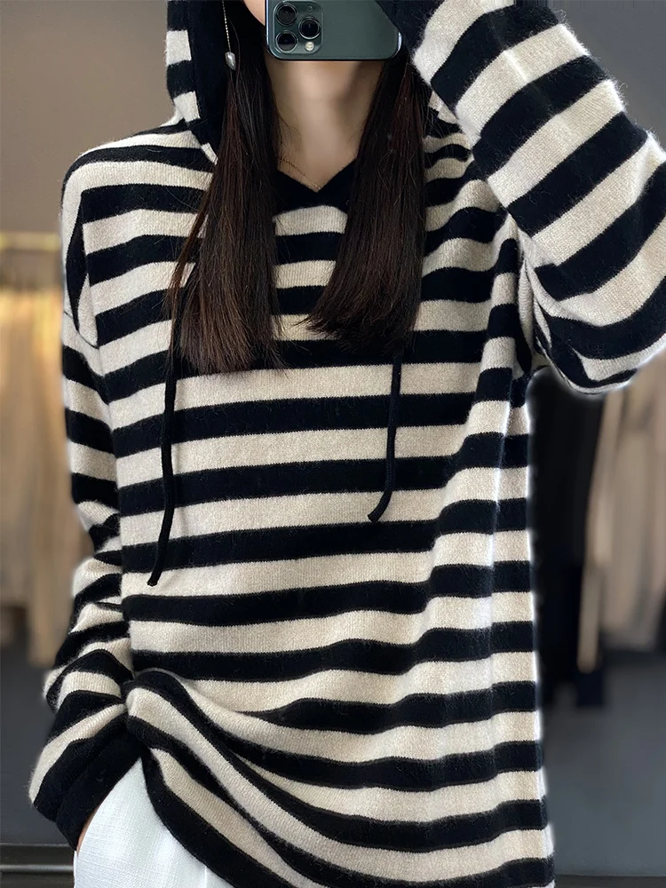 

100% Merino Wool Women's Hooded Pullover Sweater Striped Lace Up Autumn Winter Long Sleeve Loose Outerwear Fashion Soft Tops