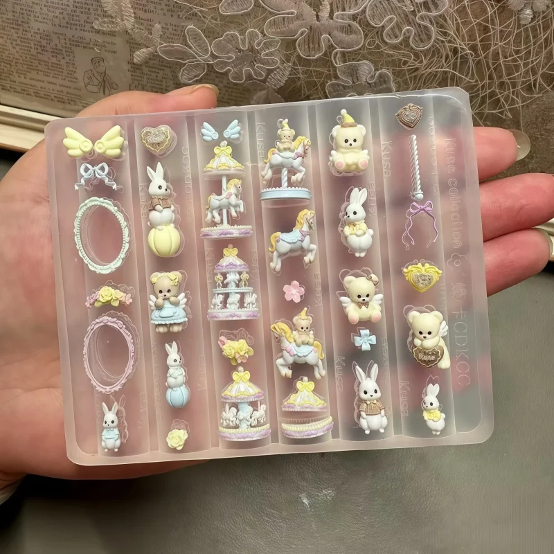 New Year's Unicorn Horse Carousel Butterfly Bear Rabbit Frame Mini Wings Elegant 3D Decoration Transparent Silicone Nail Art Mol