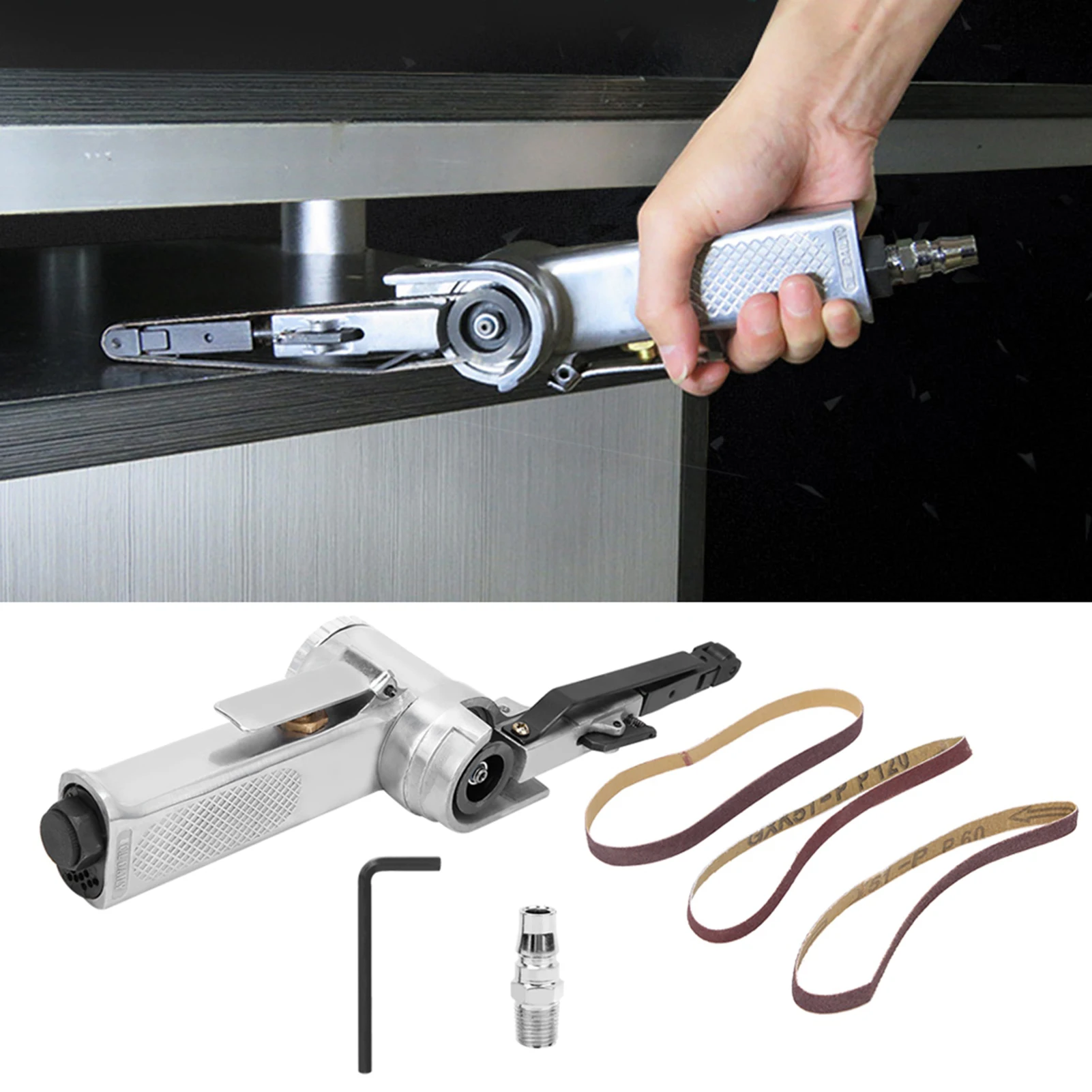 

10mm Pneumatic Belt Sander Air Grinding Polishing Machine For Furniture Wood Glass Metal 3/8in