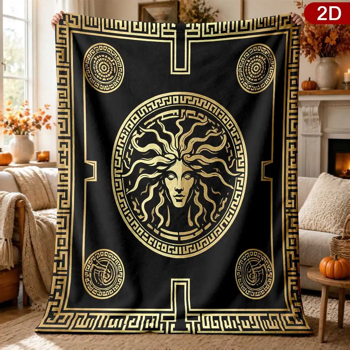 Vintage Black Gold Medusa Greek Key Border Pattern Flannel Throw Blanket, Cozy Soft Warm Blanket for Bed Couch Travel Birthday