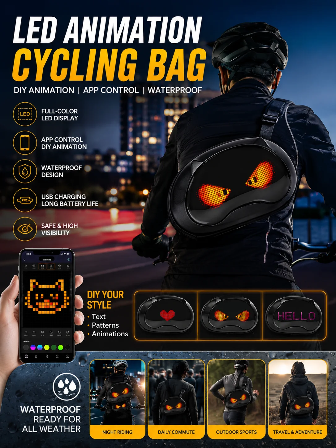 Loy cross-border new LED satchel cat shadow cycling bicycle outdoor exercise DIY animation APP operation waterproof bag