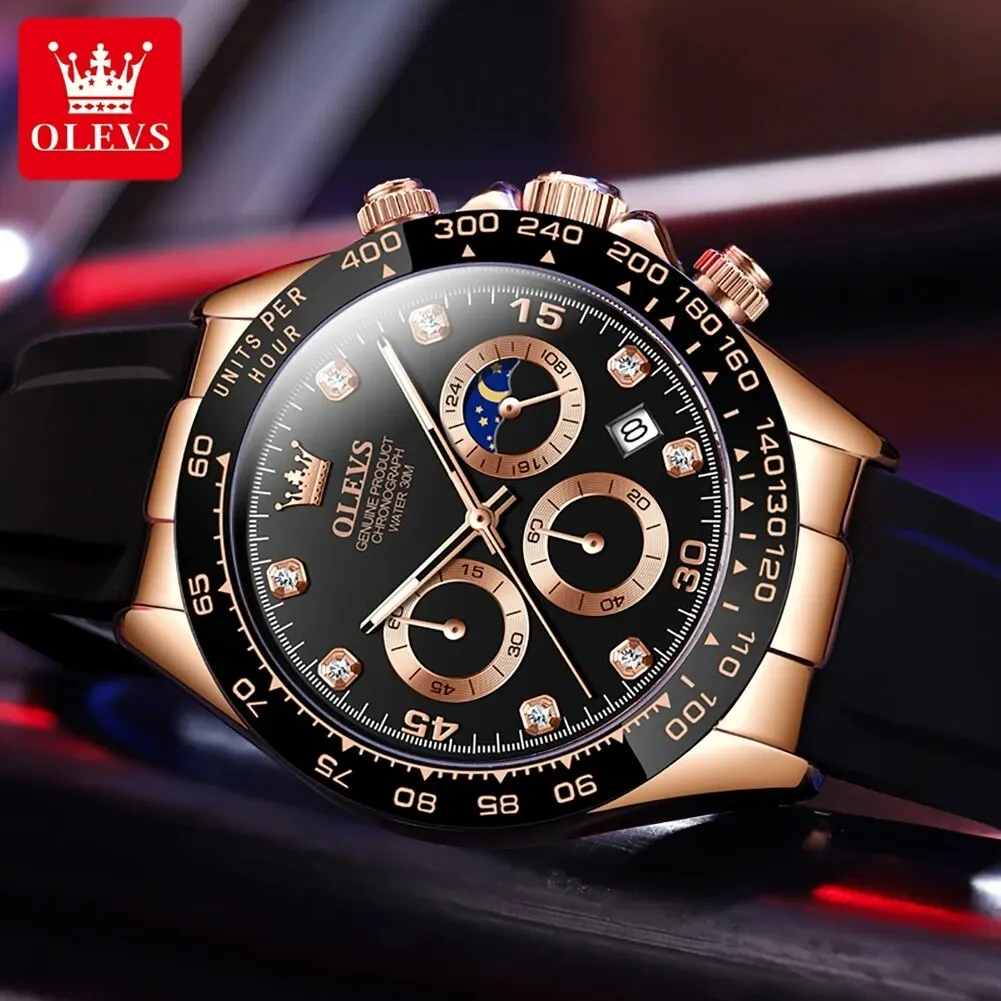 OLEVS 2875 Luxury Quartz Men Watch Silicone Strap Waterproof 24hour Moon Phase Chronograph Fashion Classic Sports Man Wristwatch