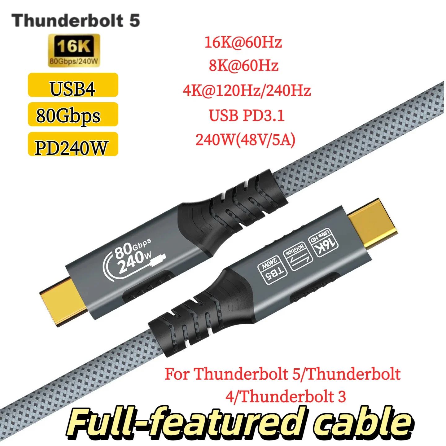 USB4 240w USB C to USB C Cable For Thunderbolt 4 Data Transfer and Charging For MacBook Pro/Air Dell or USB C Monitor