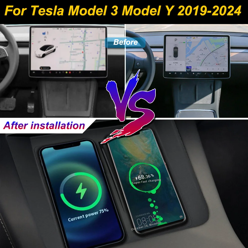 Carregador sem fio para celular para Tesla Model 3 e Model Y 2019-2024, com suporte para console central e carregamento rápido de 18W para iPhone.