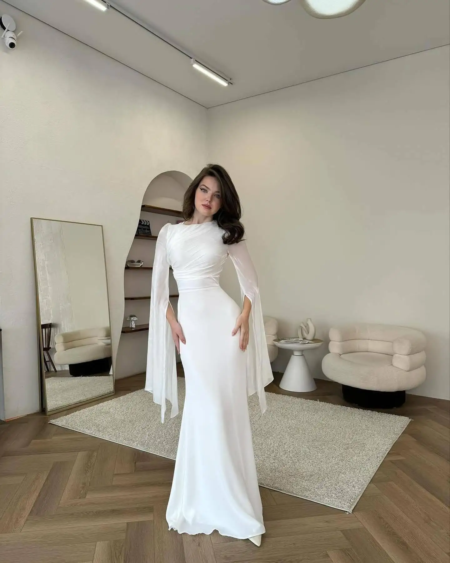

Fashion Solid Color Robe Dress Ladies Temperament O-neck Slim Evening Dress Elegant Bat Sleeve High Waist Pleats Long Dresses