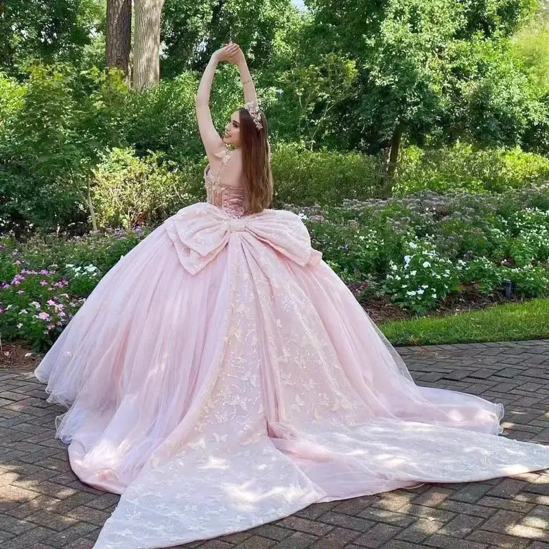 Dostosowana różowa suknia balowa Quinceanera sukienki 2025 zroszony z kokardką gorset suknia na przyjęcie urodzinowe Vestido De 15 Años