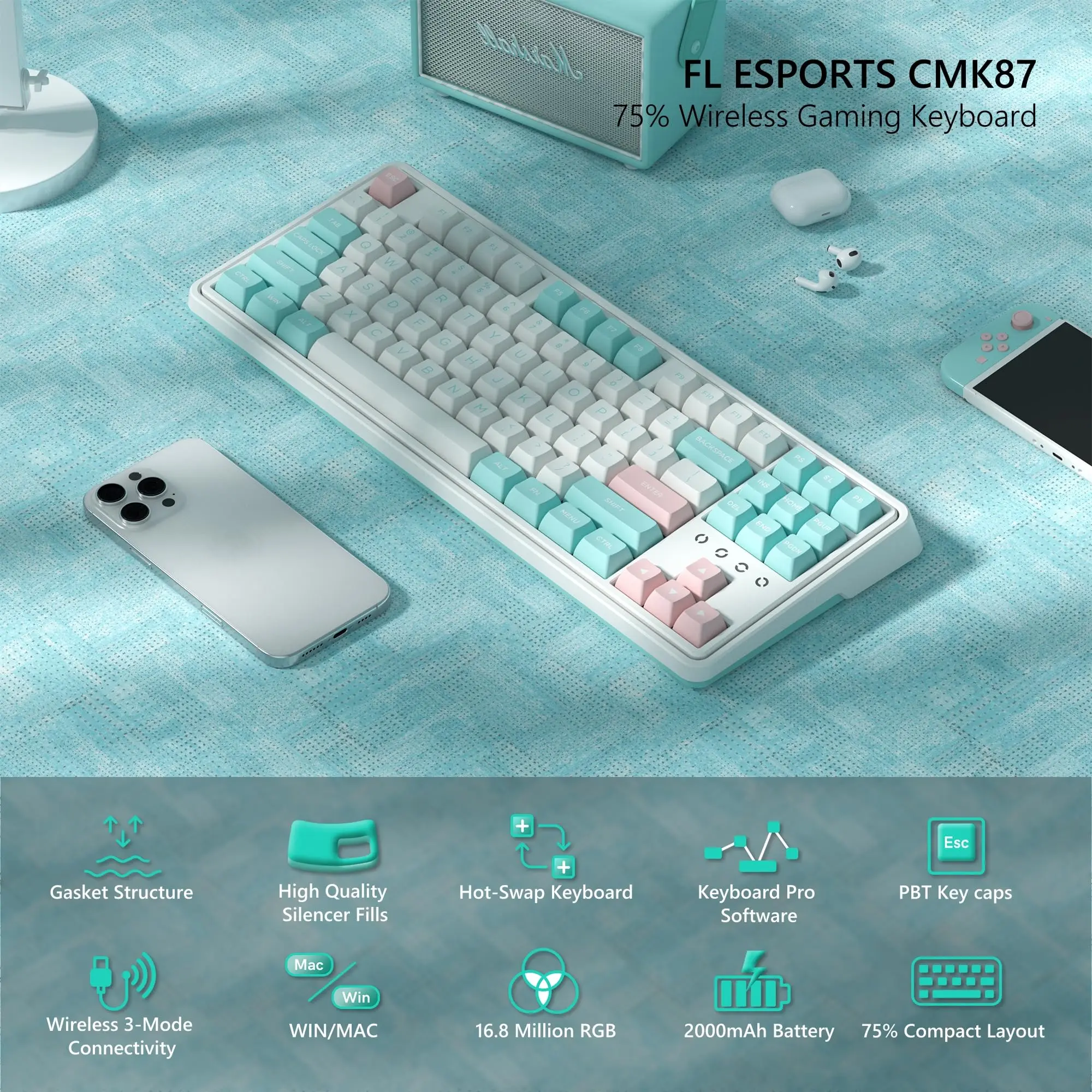 FL-ESPORT CMK87 Marshmallow 80% TKL 트라이 모드 Bluetooth 무선 기계식 게임용 키보드 핫 스왑 가능 스프링 개스킷 장착