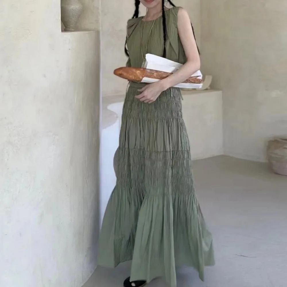 

Basics Army Green 2 Two Pieces Skirts Set Sleeveless Drawstring Tank Tops and Elastic High Waist Wrinkled Long Skirts Female 202